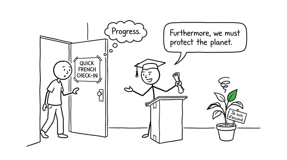 An IB student delivers a formal French speech to a houseplant