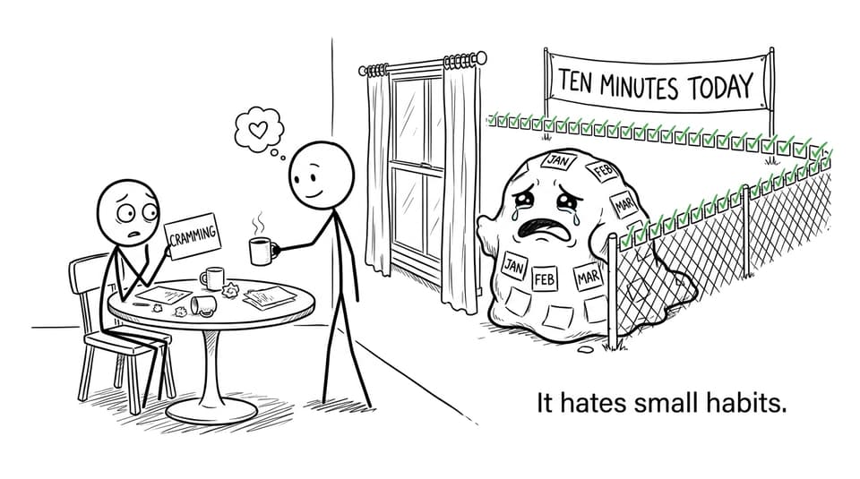 An XKCD-style calendar monster being defeated by ten minutes of daily practice