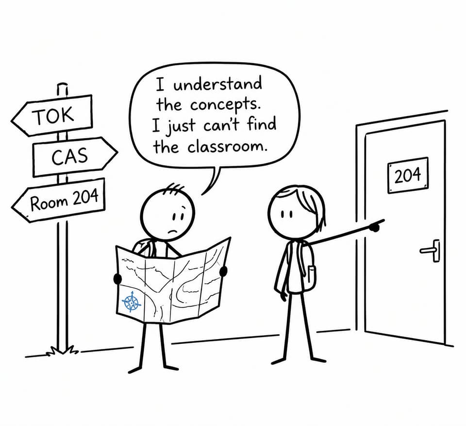 Two students navigating school signs while the correct classroom is directly behind them