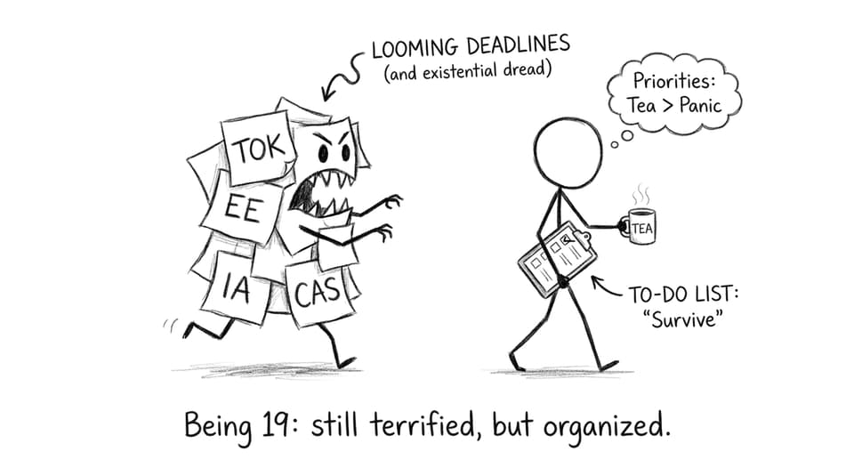 A sticky-note calendar monster labeled TOK/EE/IA/CAS chases a calm student