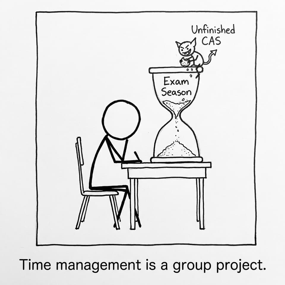 An hourglass labeled Exam Season with a gremlin on top