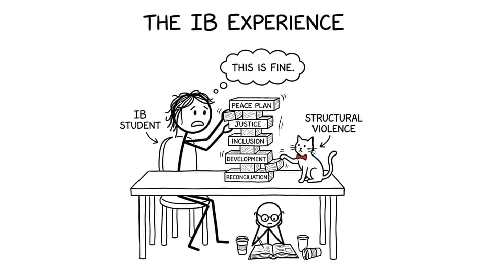 IB student building a peace plan Jenga tower (XKCD comic style)