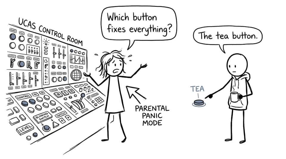A parent searches for the UCAS button that fixes everything while an IB student recommends tea