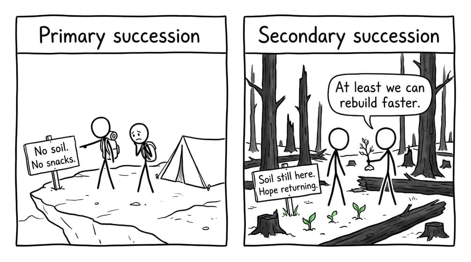 Primary vs secondary succession as a camping joke