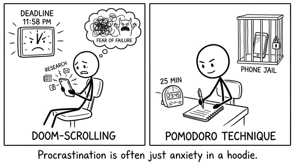 Doomscrolling vs timer joke in XKCD style