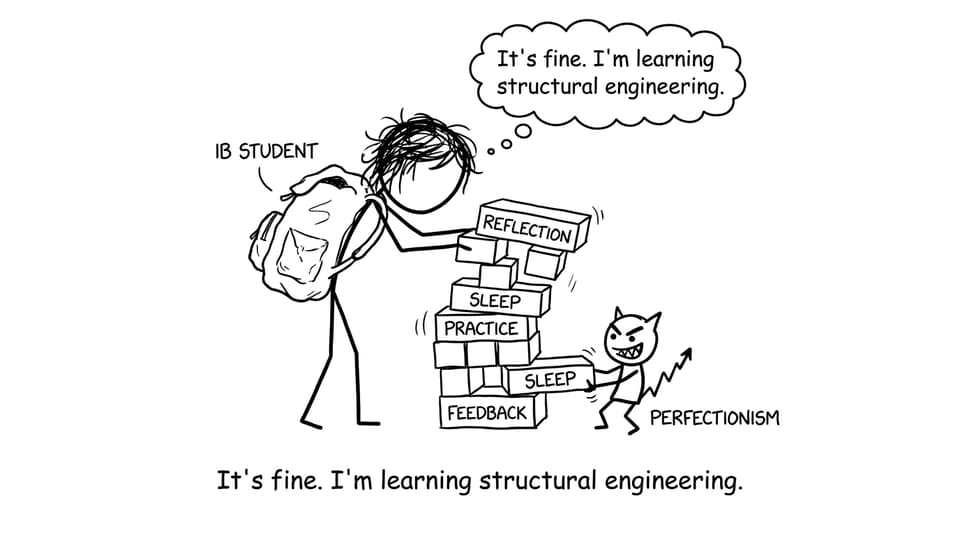 A stressed student builds a resilience tower while perfectionism tries Jenga