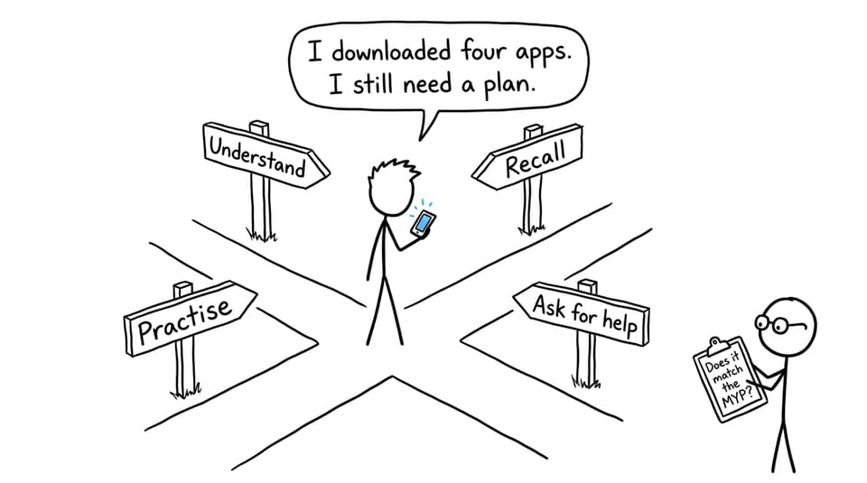 XKCD-style student choosing between study-app purposes