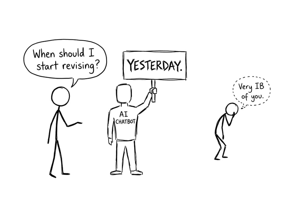 A student asks an AI chatbot when to start revising; it replies 'Yesterday'