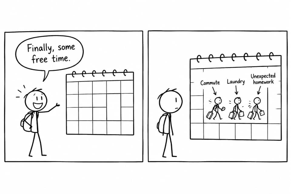A student discovers that commute, laundry, and unexpected homework have occupied the last empty space in the weekly calendar.