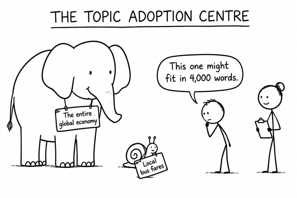 A student at a topic adoption centre chooses a small local bus-fares topic instead of an elephant representing the entire global economy.