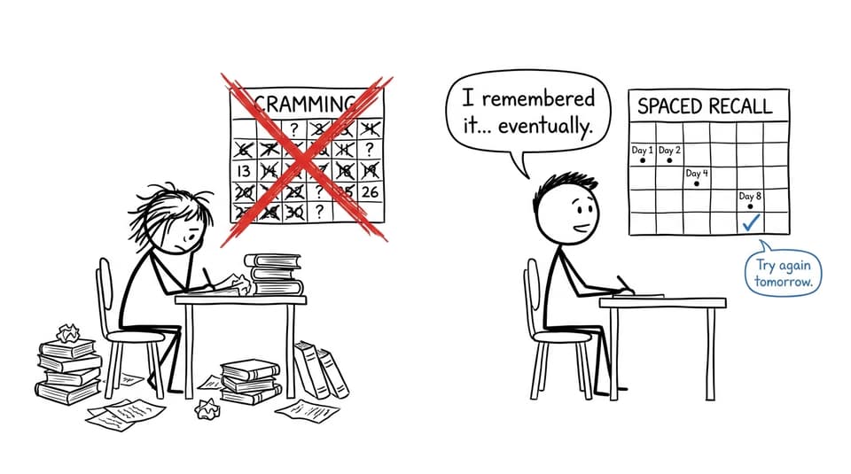 XKCD-style comic contrasting cramming with spaced recall