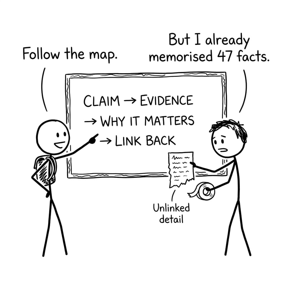 Two students at a board: one follows Claim-Evidence-Why-Link, the other tapes random facts