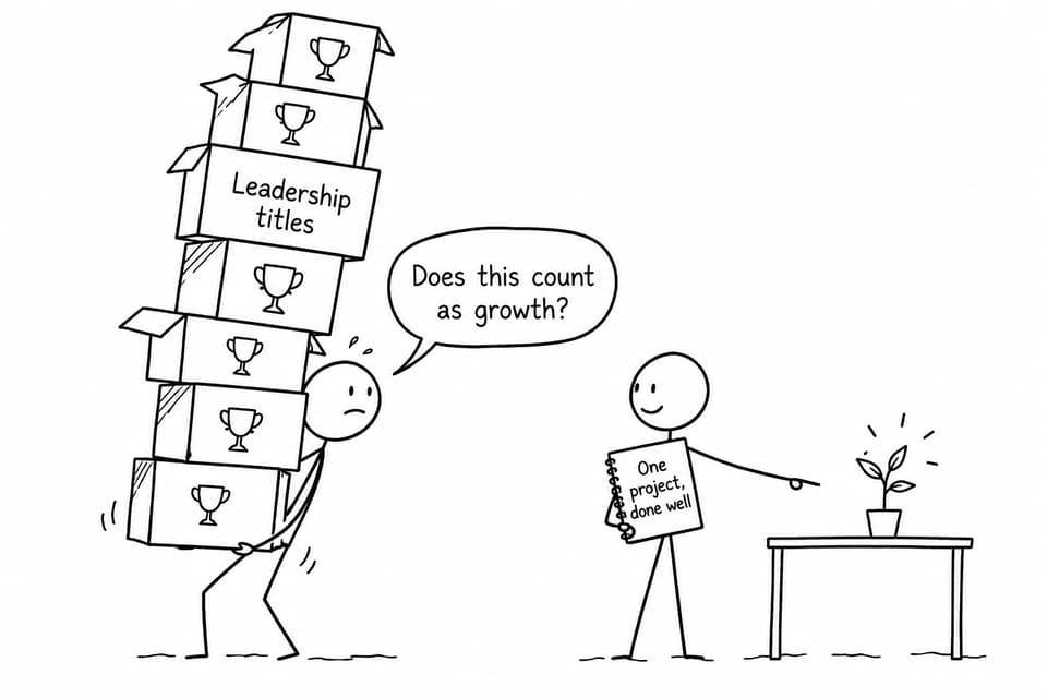 Two students compare a stack of leadership titles with one carefully developed project