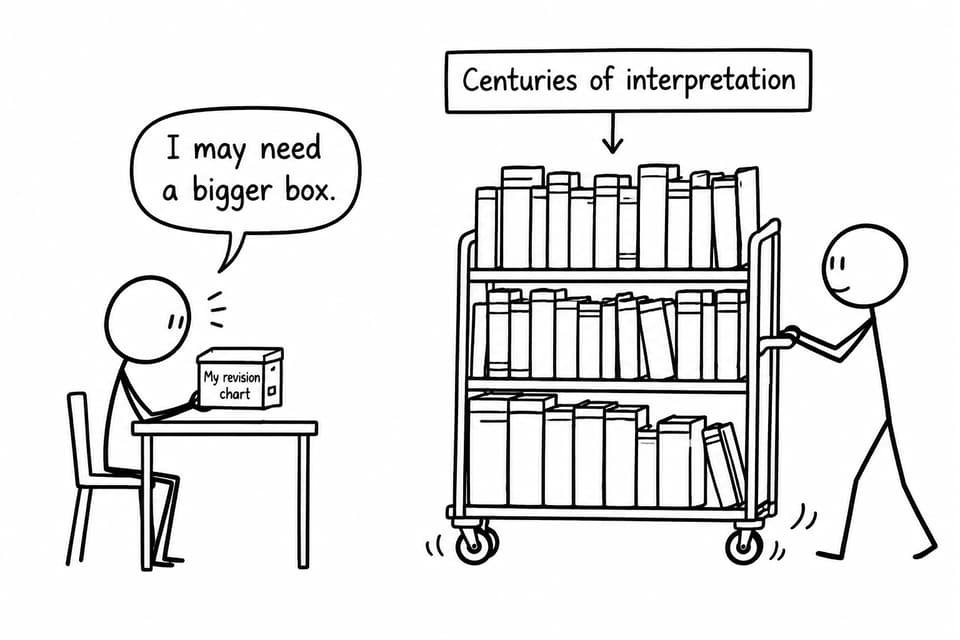 A student holds a tiny revision box while a librarian brings an enormous trolley representing centuries of interpretation