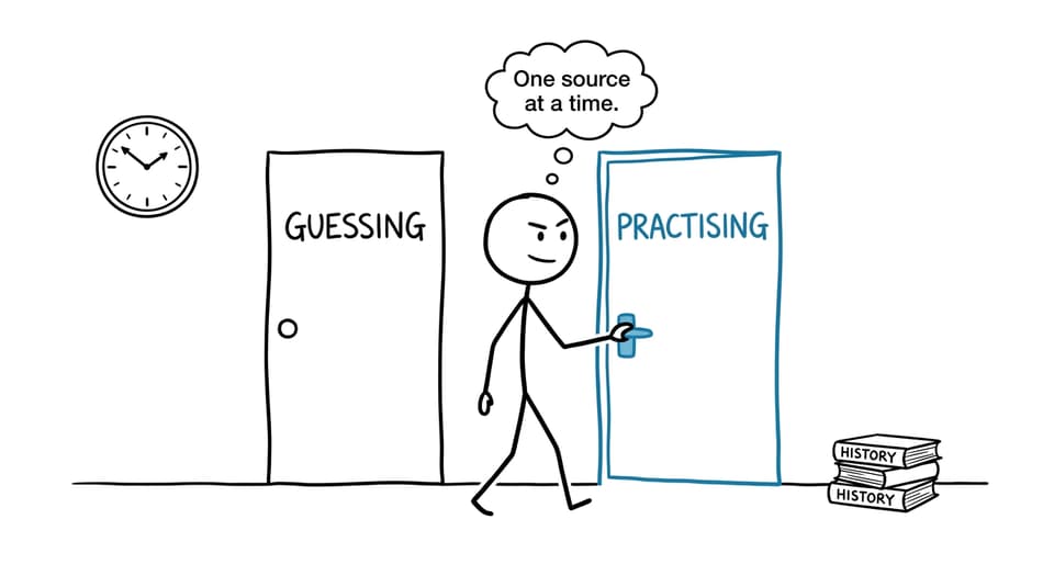XKCD-style student choosing practising over guessing in MYP History