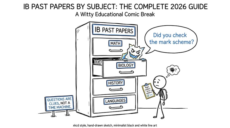 Student facing an oversized IB paper filing cabinet while checking the right subject and mark scheme