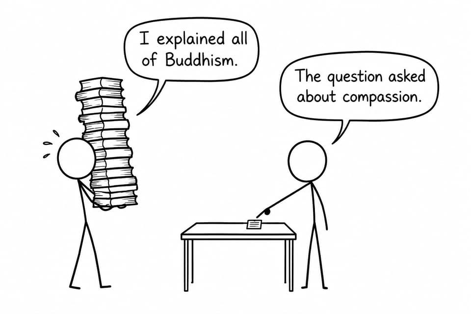 Two students compare an enormous stack of general notes with one focused card about compassion.