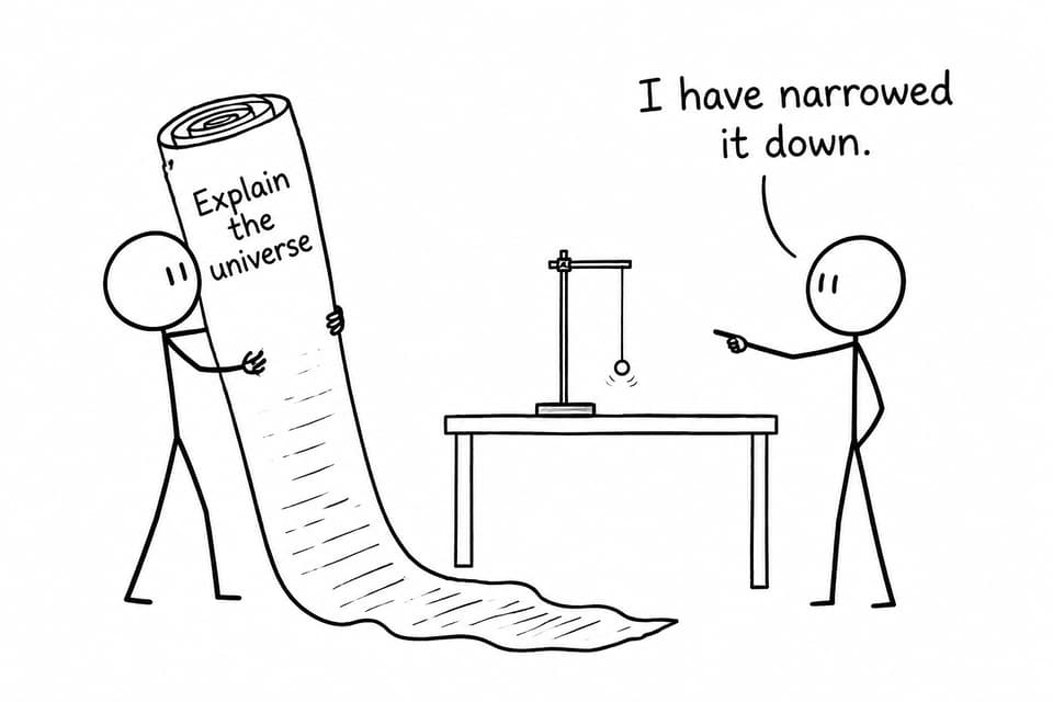 Two students compare an enormous proposal about the universe with a deliberately narrow pendulum investigation.