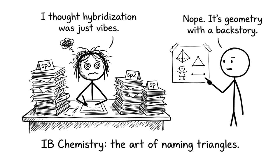 IB Chemistry hybridization comic: piles sp3 sp2 sp