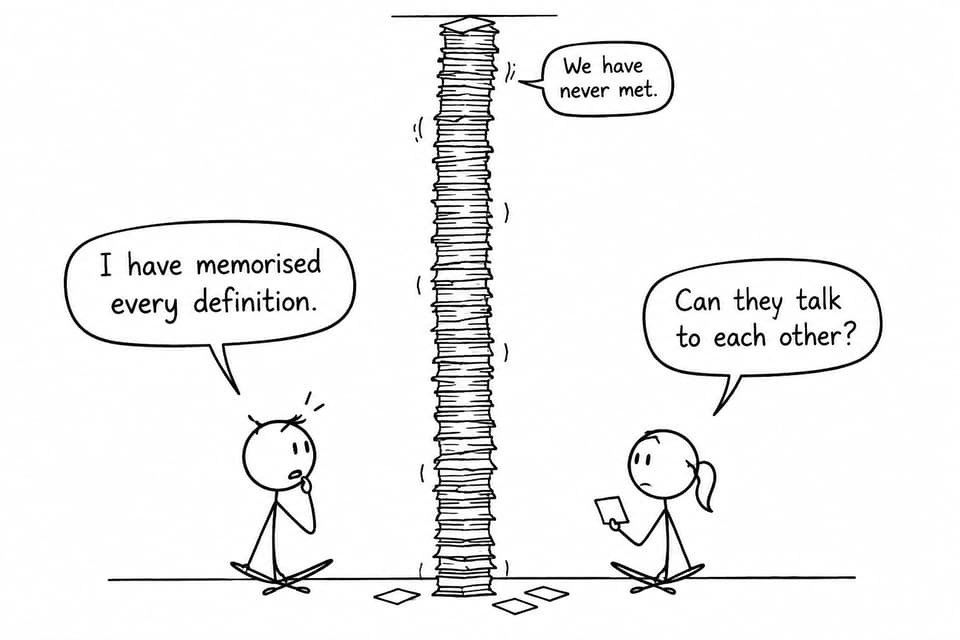 Two students confront an enormous tower of disconnected definition cards while one asks whether the ideas can talk to each other.
