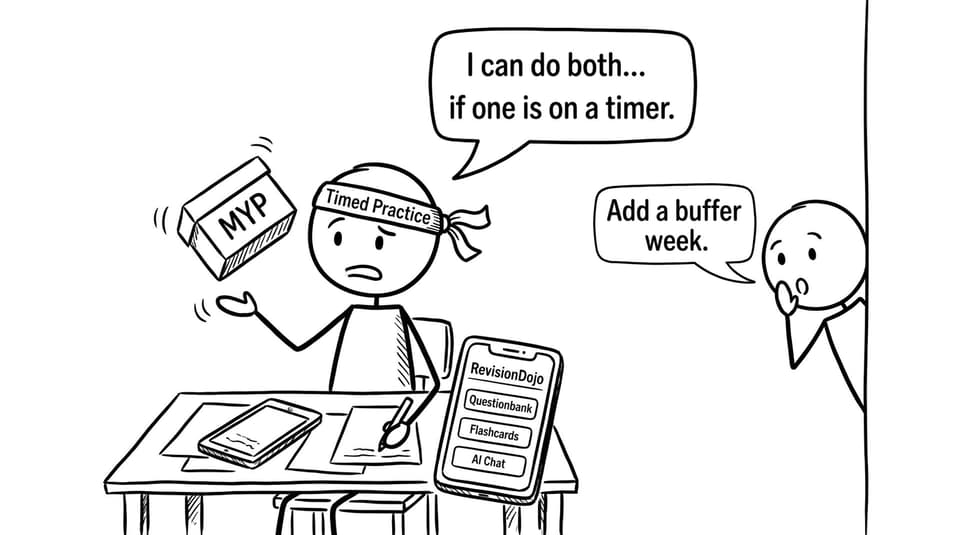 A student juggling Timed Practice and a small box labeled MYP