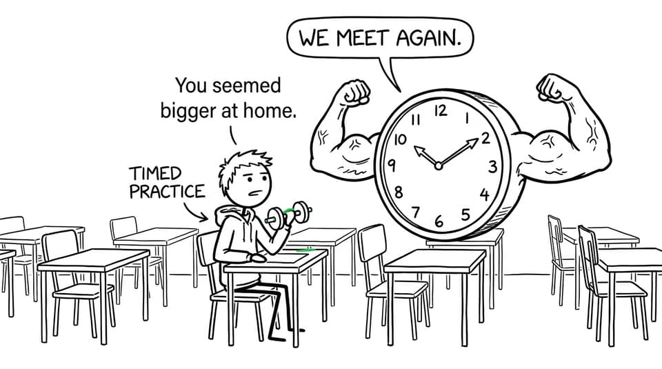 An IB student encounters a muscular wall clock after training with timed practice