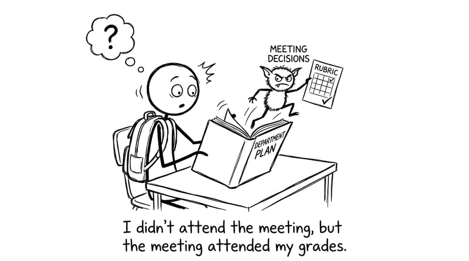 A student opens a planner and a rubric gremlin jumps out