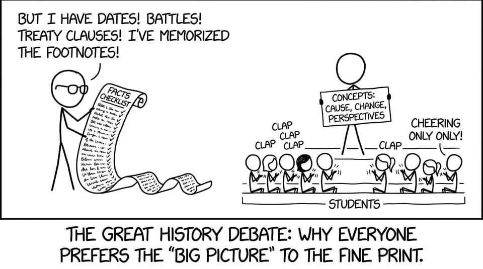 Two historians debate: facts checklist vs a small 'concepts' sign that gets all the applause