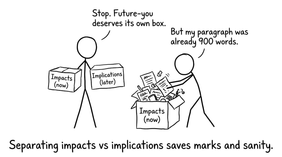Teacher holding “Impacts (now)” and “Implications (later)” boxes