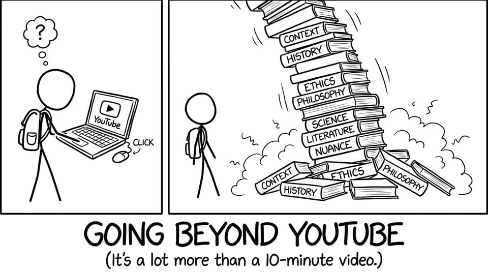 A giant stack of context books falls on a student watching YouTube