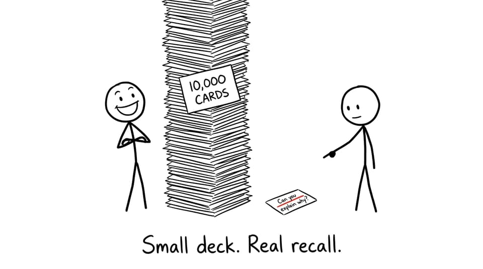 XKCD-style comic showing a student distracted by an enormous flashcard tower while a small explanation card is ignored