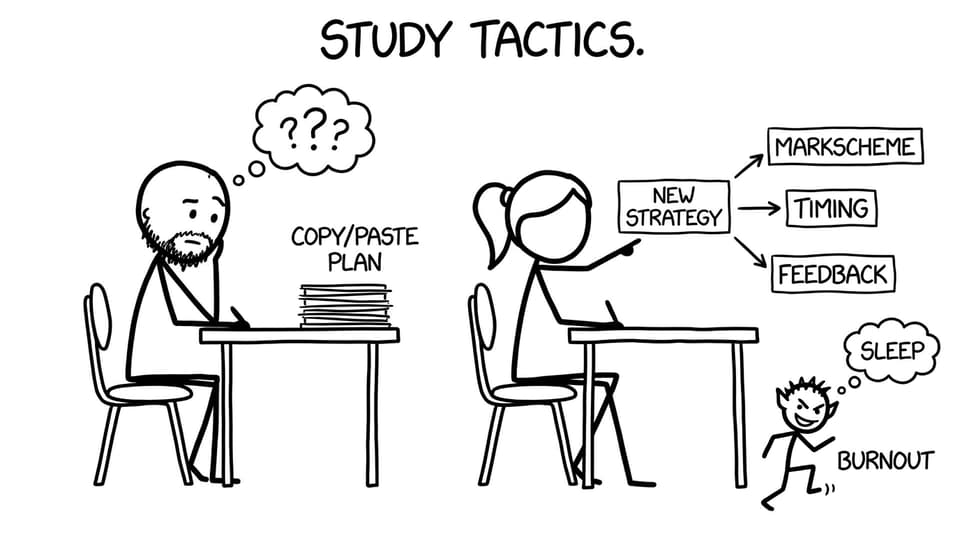Two students: one repeating the same plan, one building a new strategy while burnout steals sleep