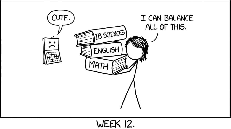 Student balancing textbooks and calendar