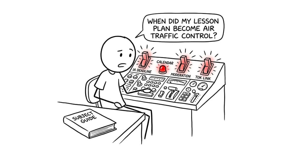 Comic showing a teacher facing IA, moderation, TOK, and calendar controls