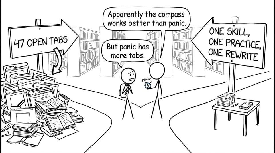 XKCD-style student choosing between 47 open tabs and a focused revision desk