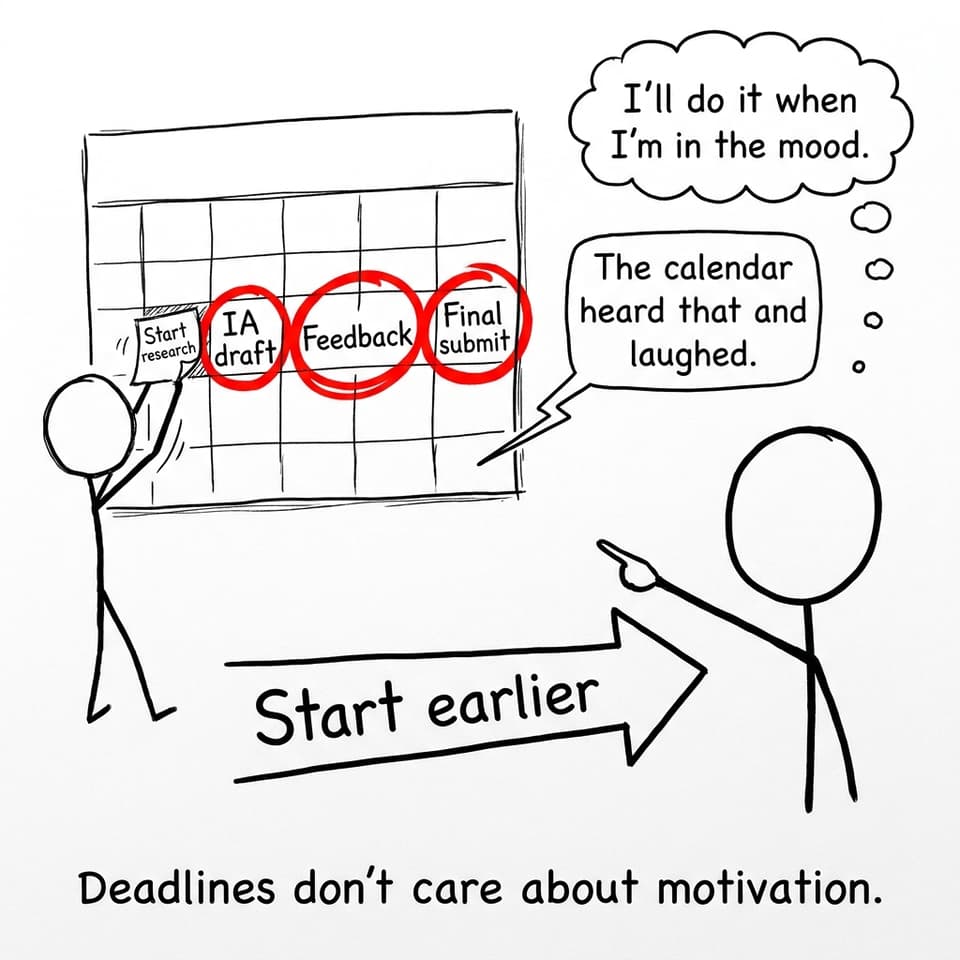 A funny calendar comic about deadlines and starting early