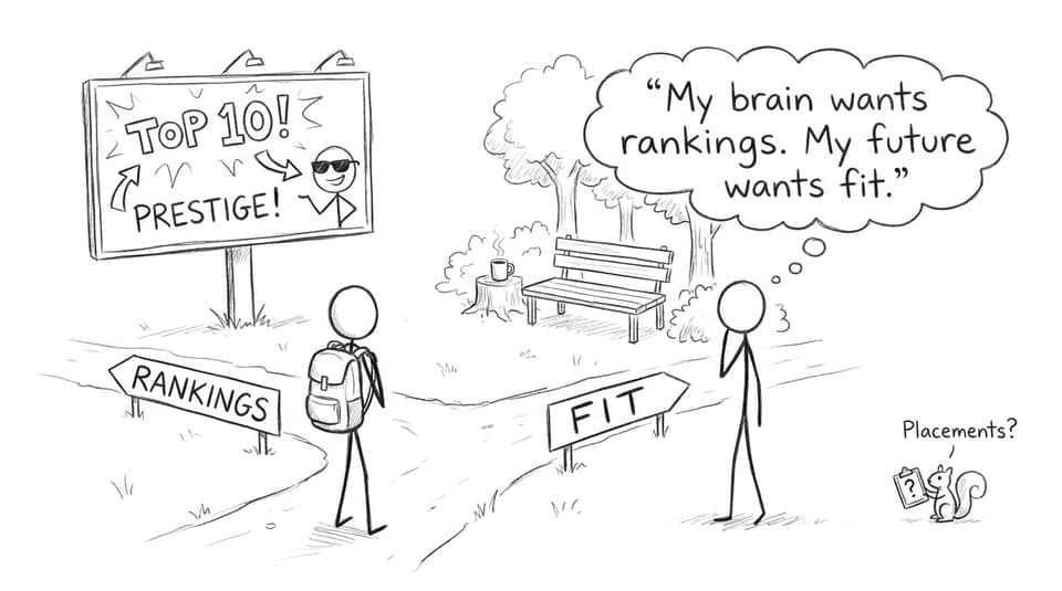 Two paths in a forest labeled Rankings and Fit