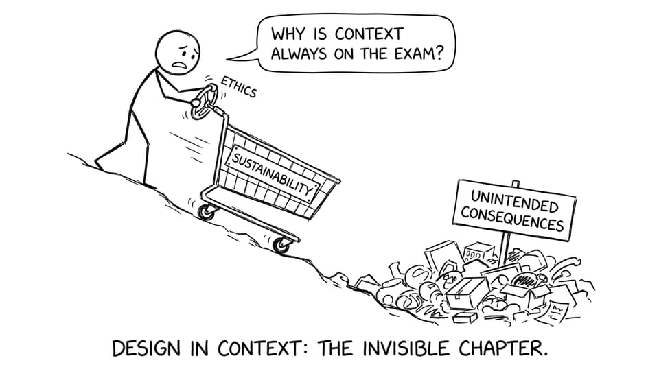 A shopping cart labelled sustainability heads toward unintended consequences