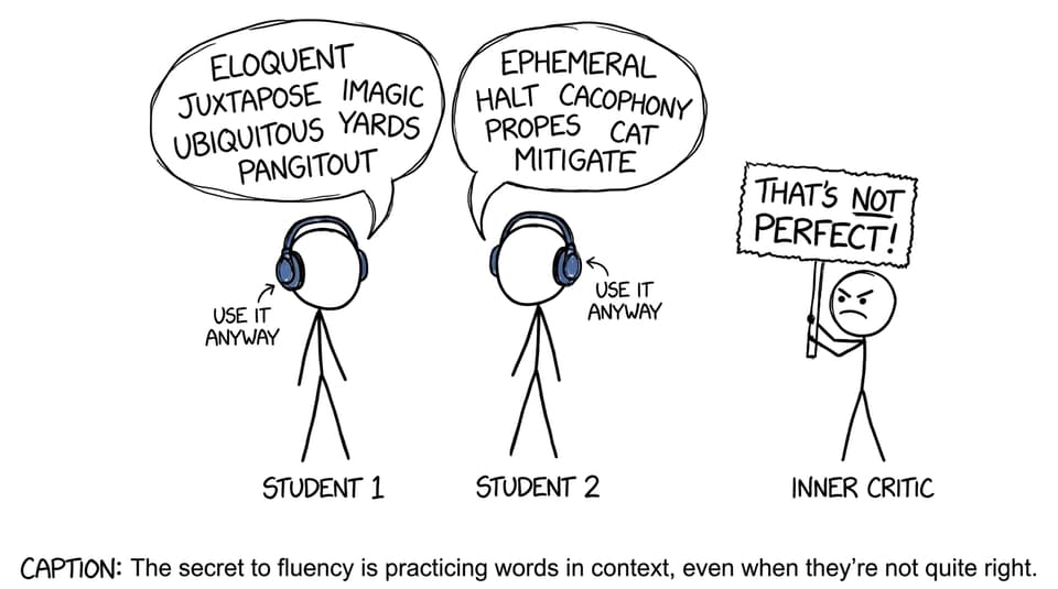 Two stick figures ignore the Inner Critic and use new vocab anyway