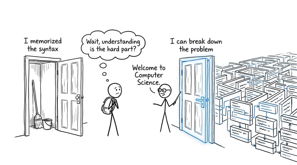 Comic showing the difference between memorizing syntax and breaking down a problem