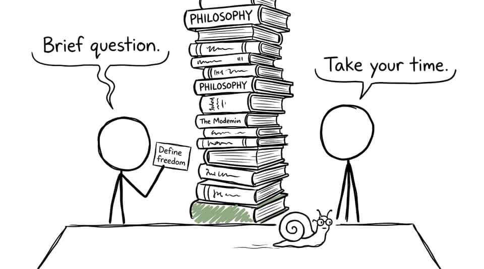 A tiny question about freedom confronts a comically enormous stack of philosophy books