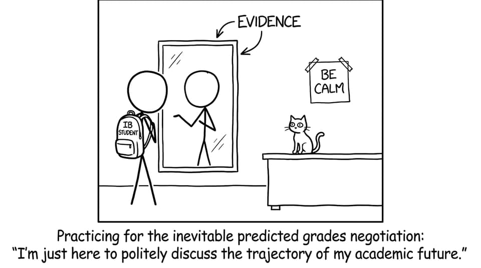 Student rehearsing predicted grade chat in mirror