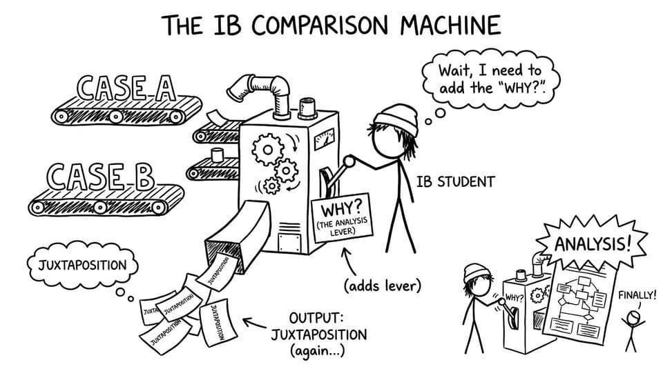A student builds a comparison machine that keeps printing 'juxtaposition' until they pull the 'WHY?' lever