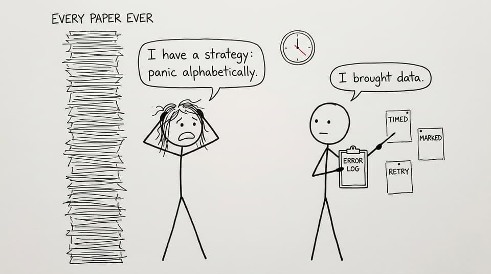 Comic showing one student facing every exam paper ever while another uses an error log