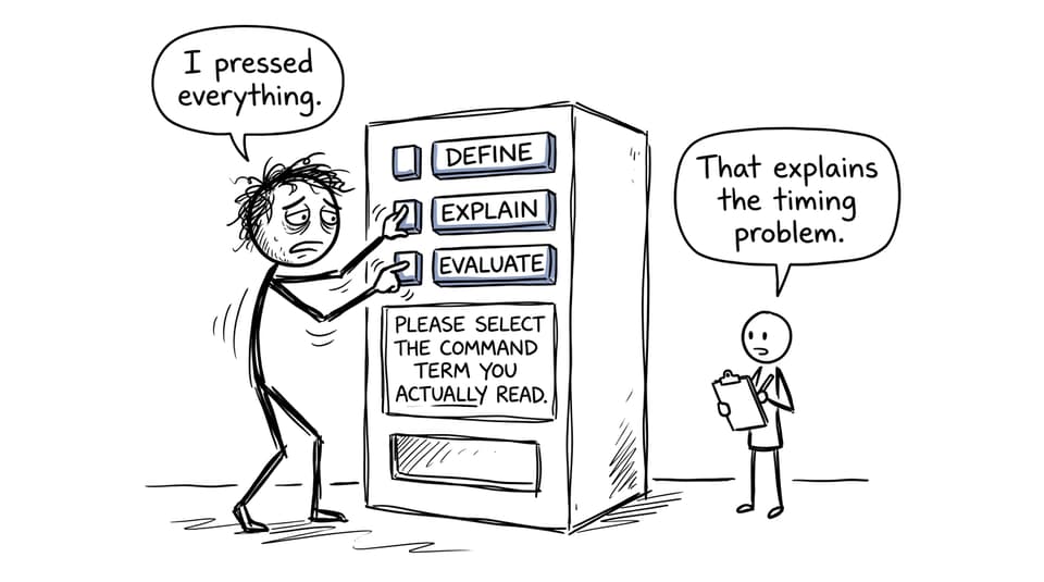 Comic about choosing the right command term in an IB exam