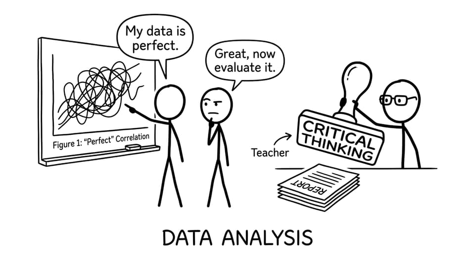 Two students argue about “perfect data” while a graph is spaghetti
