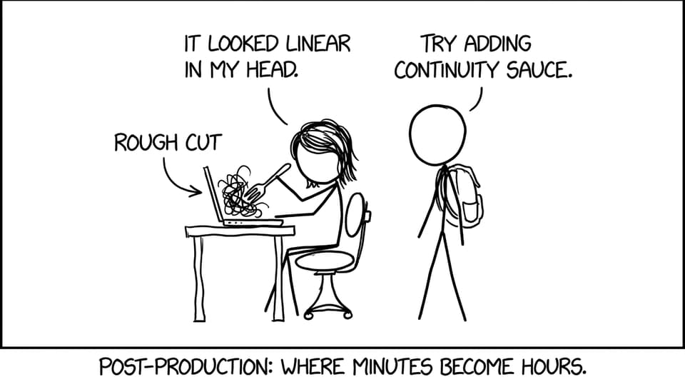 Editing timeline drawn like spaghetti labeled “Rough Cut”