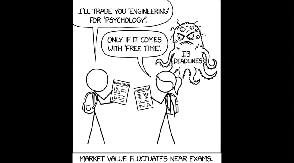 Two students trade majors like cards while IB deadlines loom