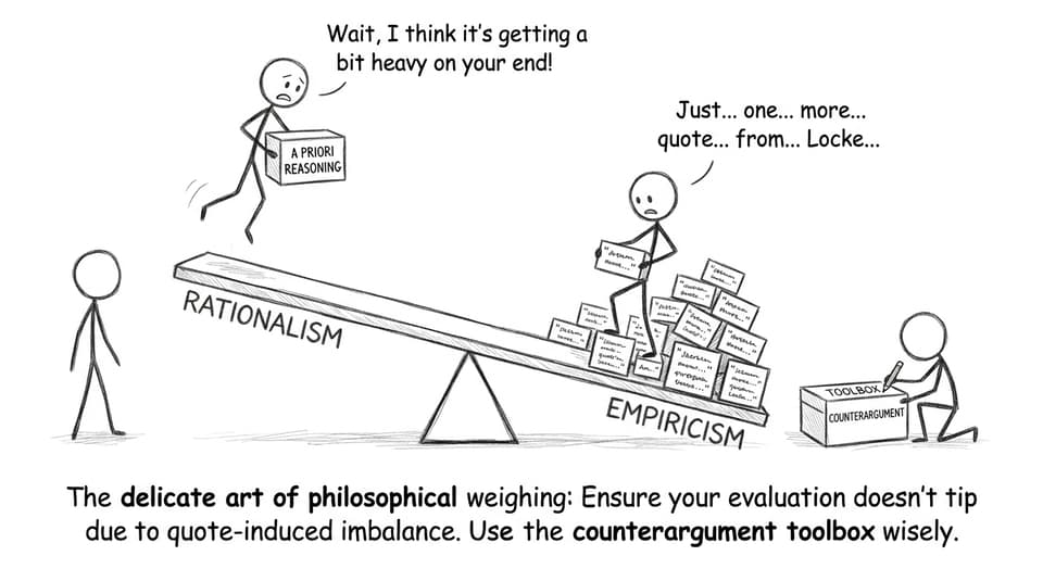 Two stick figures build a wobbly comparison-chart seesaw while a third offers a counterargument toolbox