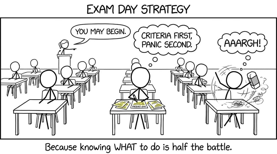 Exam hall: student highlights criteria sheet and whispers “Criteria first, panic second”